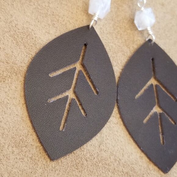 Handmade Brown Leather Leaf Earrings with White Beads - Picture 5 of 5